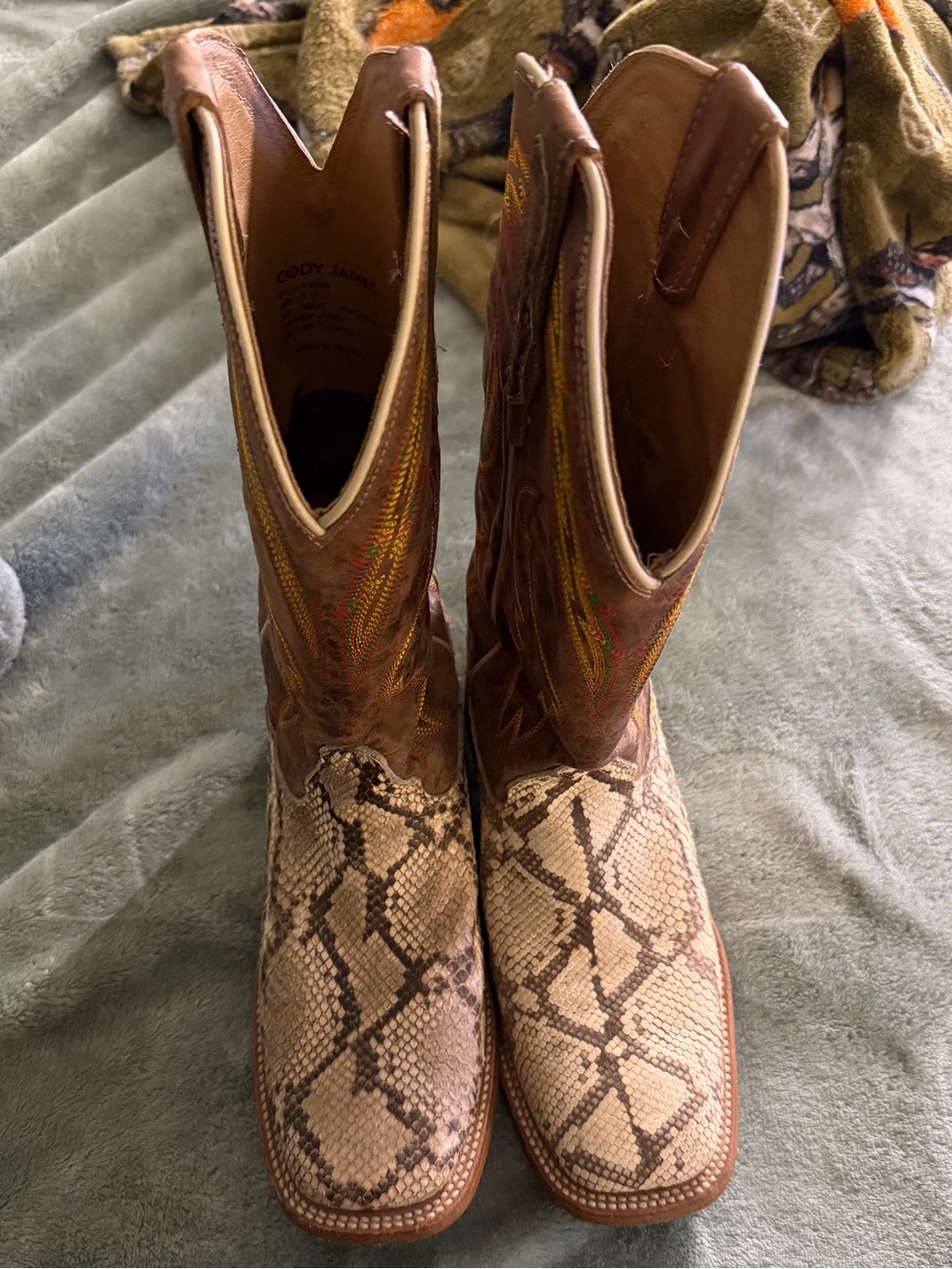 Cody James Brown Leather Western Boots with Snake-Print Vamp